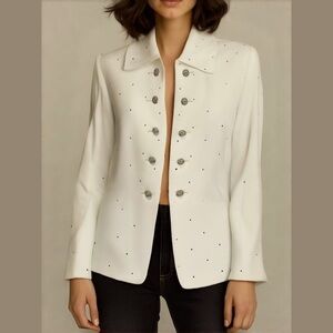 90s GLAMOROUS HOURGLASS RHINESTONE HOURGLASS BLAZER PADDED SHOULDERS CREAM 10